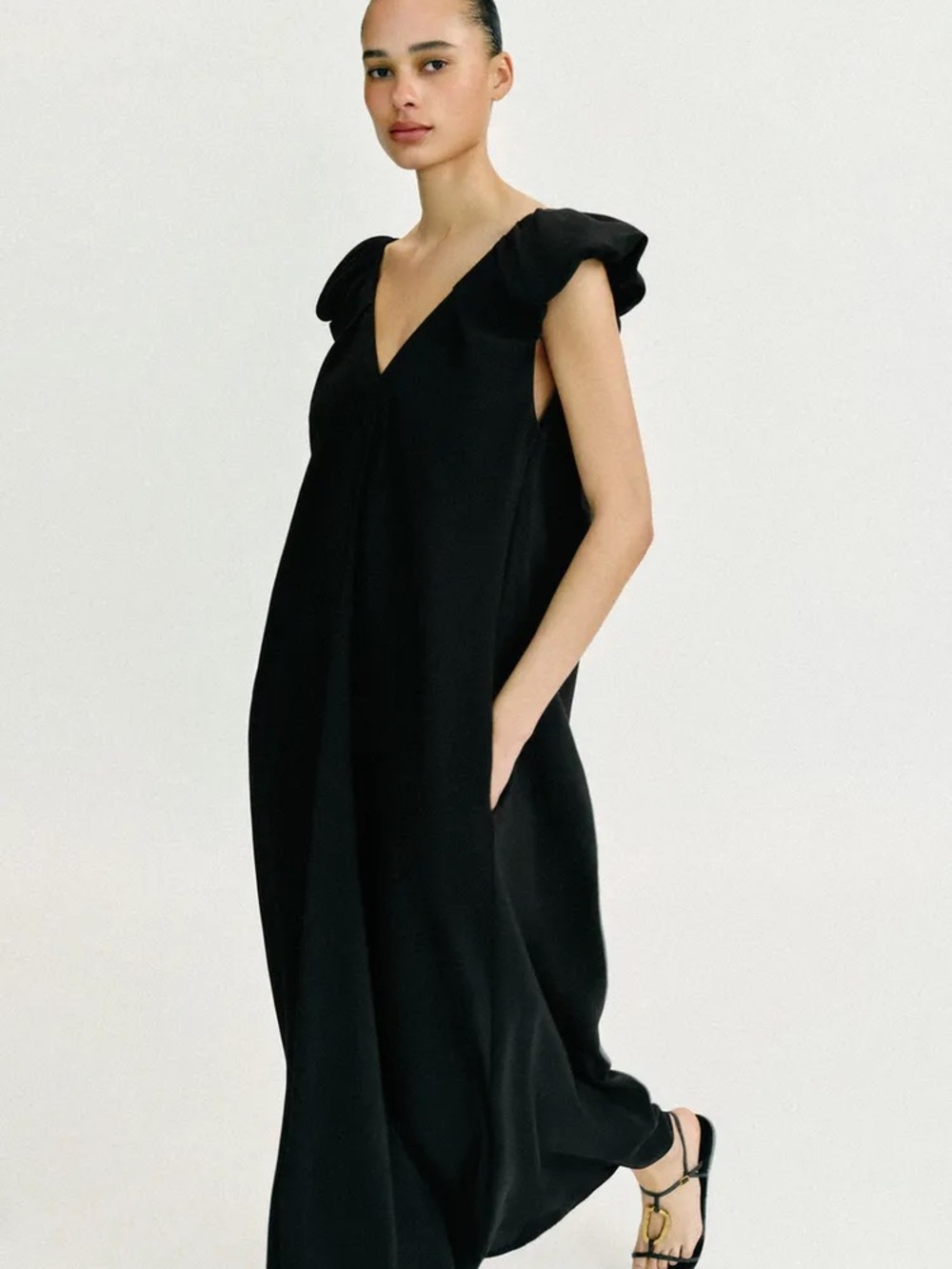 Zara Black V-Neck Flutter Sleeve Maxi Dress with Pockets